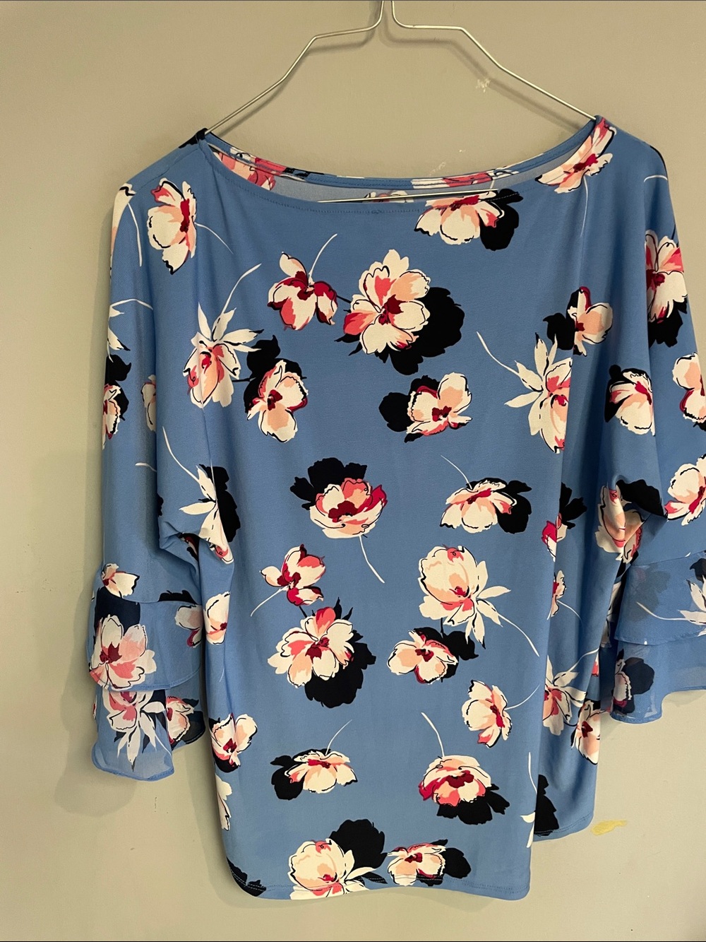 Roz & Ali Sky Blue Floral Boatneck Blouse with Ruffle Sleeves